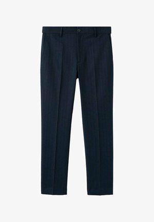 Pantalones azul marino con rayas de sarga, confeccionados en tejido, con cierre de botón, trabillas para cinturón y un ajuste entallado con piernas rectas y estrechas.