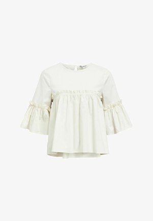 Hele beež pluus lühikeste, laienevate varrukatega ja volditud õmblusega rinna juures. Valmistatud siledast kangast, kus on avaus taga kinnitamiseks.