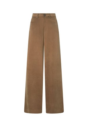 Pantalon marron à jambes larges avec bouton devant et poches, présenté sur un fond blanc.