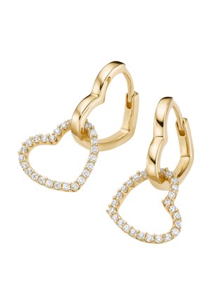 Pair of gold hoop earrings with dangling open heart-shaped charms encrusted with small white gemstones.