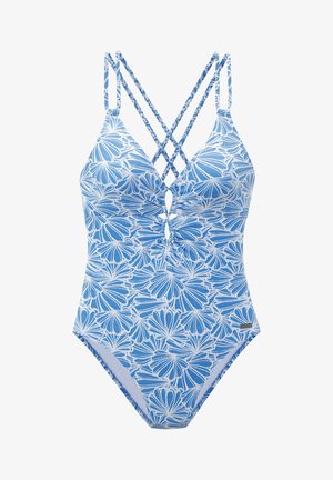 Blauer einteiliger Badeanzug mit Blumenmuster, V-Ausschnitt, gekreuzten Trägern und Raffung in der Mitte. Weicher, strukturierter Stoff.