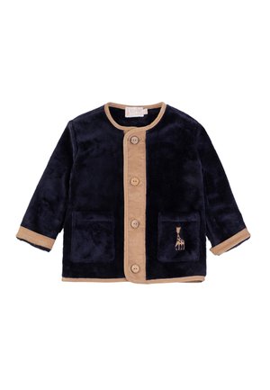 Navy blue fleece jacket with tan trim, button closure, two front pockets, and a giraffe embroidery detail on the left pocket.