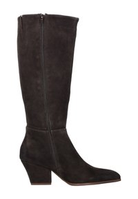 Donkergrijze suede knie-high laars met een zijrits, licht puntige neus en een chunky hak voor stabiliteit. Gladde textuur en minimalistisch ontwerp.