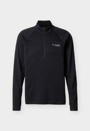 Sort langærmet pullover med kvartlynlås, lavet af tekstureret stof. Har et Columbia Titanium-logo på venstre bryst.
