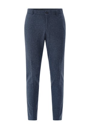 Navyblaue, schmal geschnittene Hosen aus einem strukturierten Stoff. Mit einem einzelnen Knopfverschluss, einem Bund und Seitentaschen ausgestattet.