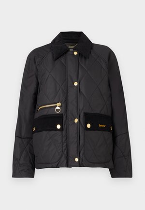 Zwarte gewatteerde jas met een corduroy kraag, gouden hardware, een ritszak en knoopflapzakken met het Barbour-logo.