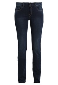 Jeans in denim blu scuro con vestibilità slim e leggera scoloritura. Presenta cinque tasche, cuciture a punto e chiusura frontale con bottone.