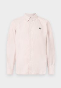 Light pink button-up shirt with long sleeves, a collared neck, and a black logo detail on the chest. Made of lightweight fabric.