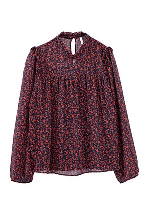 Marineblaue Langarmbluse mit rotem Blumenmuster, gerüschtem hohem Kragen, Keyhole-Rücken und gesammelter Taillendetail.