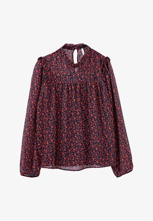 Navy blue long-sleeve blouse with red floral pattern, ruffled high neckline, keyhole back, and gathered waist detailing.