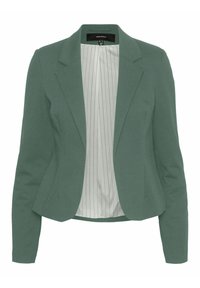 Blazer vert en tissu texturé, avec un col cranté, des manches longues et une doublure rayée. Coupe ajustée avec un design structuré.