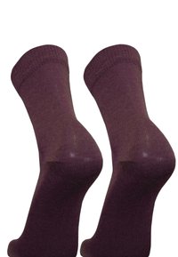 Lila Crew-Socken mit geripptem Design, weichem Textil und verstärktem Fersen- und Zehenbereich. Material: Baumwollmischung mit elastischen Bündchen.