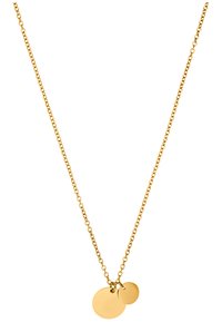Collana d'oro con due pendenti piatti e circolari su una delicata catena. Texture liscia con una finitura uniforme, che riflette la luce in modo sottile.