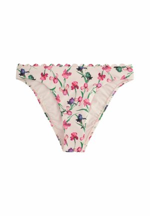 Hellrosa Bikinihöschen mit einem Blumenmuster aus pinken und violetten Blumen und grünen Stielen auf weißem Hintergrund.