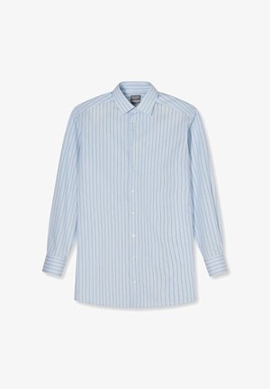 Light blue long-sleeve button-up shirt with vertical gray and white stripes, spread collar, and buttoned cuffs.
