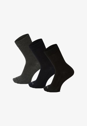 Three pairs of ribbed crew socks in gray, navy blue, and black, each displayed upright with toes pointed forward on a white background.