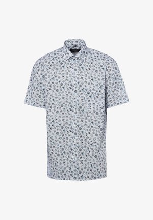 Camicia a maniche corte con bottoni, base bianca e piccola stampa dettagliata di conchiglie e vita marina in tonalità blu e grigio.
