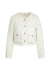 Giacca bianca in tweed con motivo a quadri, scollatura rotonda, maniche lunghe, due tasche frontali e bottoni dorati. Design strutturato accorciato.