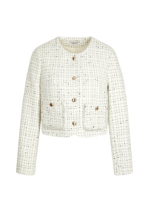 Veste en tweed blanc avec un motif à carreaux, col rond, manches longues, deux poches avant et boutons dorés. Design structuré et court.