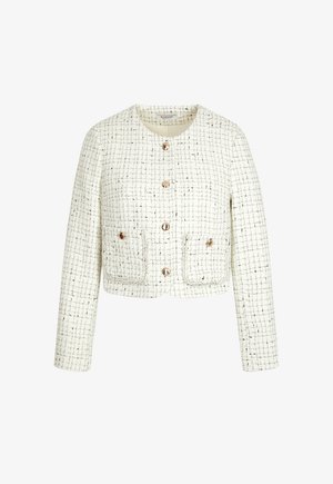 Veste en tweed blanc avec un motif à carreaux, col rond, manches longues, deux poches avant et boutons dorés. Design structuré et court.