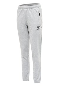 Hellgraue Jogginghosen mit weichem Textil, elastischem Bund, zwei Seitentaschen und einem schwarzen Logo nahe der linken Tasche.