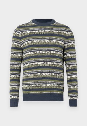 Gebreide trui in groen, marineblauw en wit met horizontale strepen en geometrische ontwerpen. Ronde hals en geribbelde manchetten.