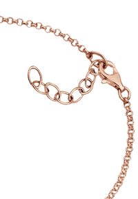 Rosegoldene Metallkette mit Gliedern, ausgestattet mit einem Karabinerhaken und einer verstellbaren Verlängerungskette. Glatte Textur und einheitliches Design.