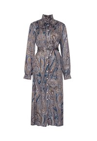 Robe midi à manches longues avec col haut volanté, boutons sur le devant, ceinture à la taille, et motif paisley bleu, marron et beige complexe.