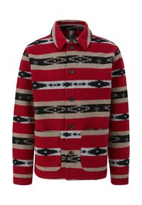 Wool jacket featuring red, black, beige, and gray stripes with a geometric pattern. Includes a collar, buttons, and two front pockets.