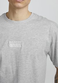Pilkas medvilninis marškinėliai su apvaliu kaklu. Papuoštas balta siuvinėta logotipu "SLD-EST.1999" ir įstrižais dryžiais ant krūtinės. Minkšta tekstūra.