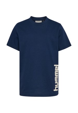 Donkerblauw katoenen T-shirt met een geribbelde ronde hals en wit "hummel" logo aan de linkerkant. Korte mouwen, ontspannen pasvorm, gladde textuur.