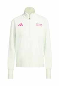 Hvid langærmet quarter-zip pullover med pink Adidas-logo på venstre bryst og BMW Berlin Marathon-logo på højre bryst.