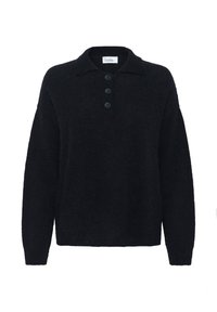 Schwarzer Langarm-Pullover mit Kragen und drei Knöpfen auf der Vorderpasse.