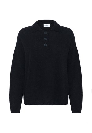 Pulover negru cu mâneci lungi, guler și trei nasturi pe fanta frontală.