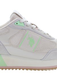 Sneakers med en lättviktig design, som kombinerar mesh och läder i ljusgrått, med mintgröna detaljer och en rosa gummisula.