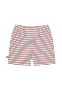 Katoenen shorts met rood-witte horizontale strepen, een elastische tailleband en een klein meerkleurig label op de linker zijnaad.