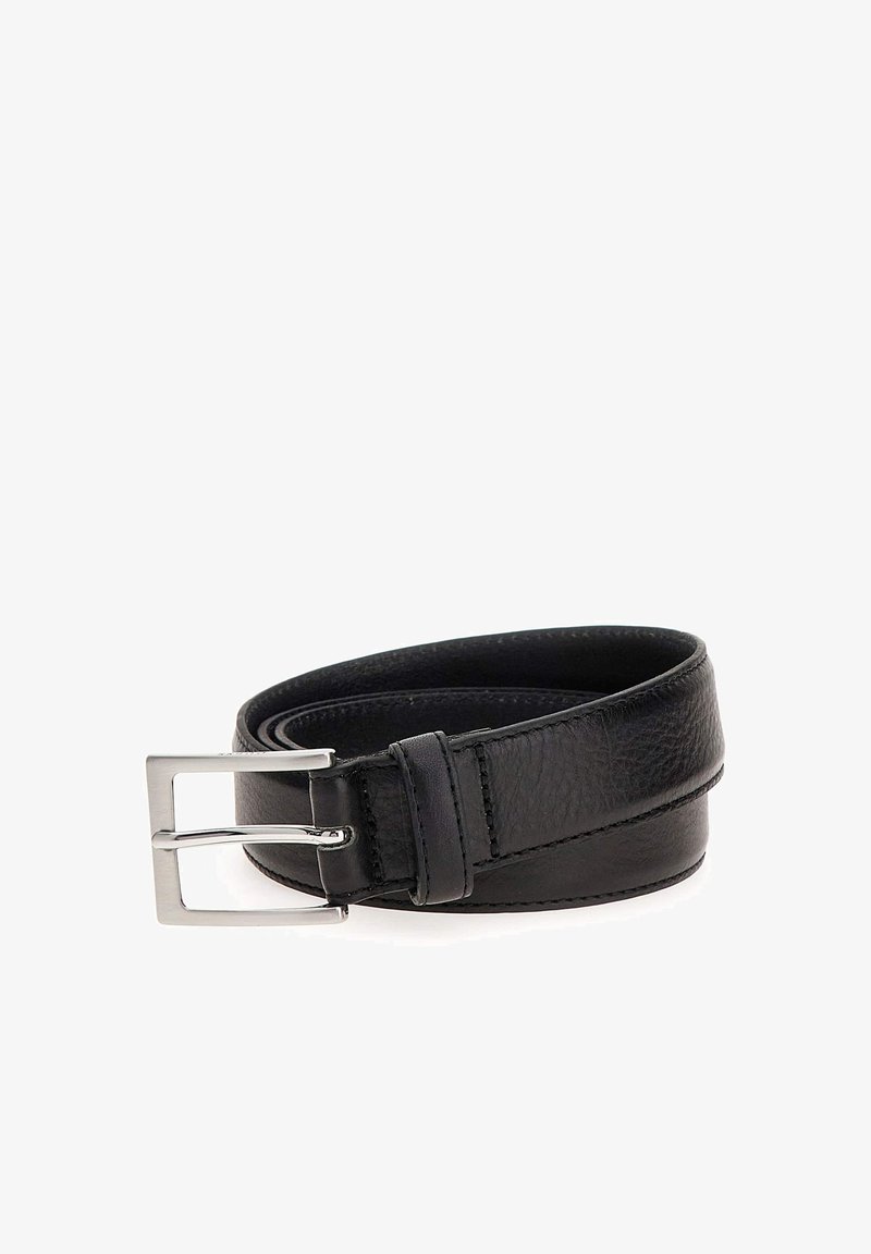 Black leather belt with a textured finish, featuring a silver metal buckle and neat stitching along the edges.