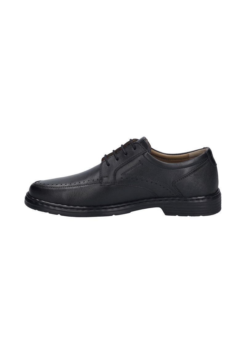 Scarpa da dress in pelle nera con punta arrotondata, sistema di allacciatura, cuciture decorative, superficie liscia e suola in gomma leggera.