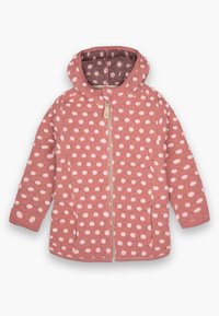 Giacca rosa cipria con pois bianchi, chiusura con zip e cappuccio. Tessuto morbido e testurizzato con fodera interna accogliente. Maniche lunghe.