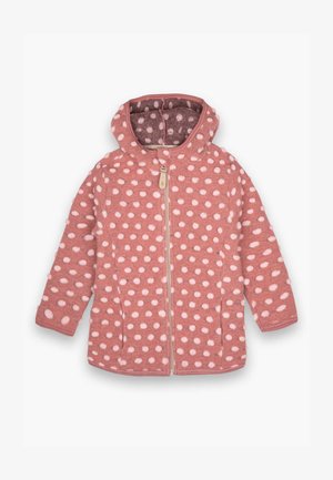 Jachetă roz pal cu buline albe, închidere cu fermoar și glugă. Material moale, texturat, cu o căptușeală interioară confortabilă. Mâneci lungi.
