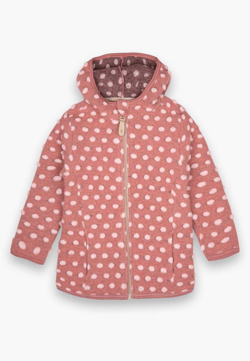 Giacca rosa cipria con pois bianchi, chiusura con zip e cappuccio. Tessuto morbido e testurizzato con fodera interna accogliente. Maniche lunghe.