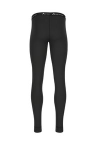 Black leggings made of stretchy material, featuring a snug fit, flat seams, and a branded elastic waistband at the top.