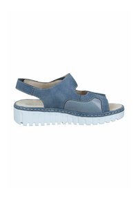Blue suede sandal with open toe, cut-out design, white platform sole, and textured accents on the upper. Features stitching detail.