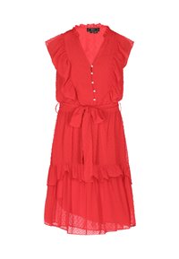 Rotes, gepunktetes Kleid aus leichtem Stoff, mit rüschigem Ausschnitt, kurzen Ärmeln, Knopfdetails und einem Taillengürtel.