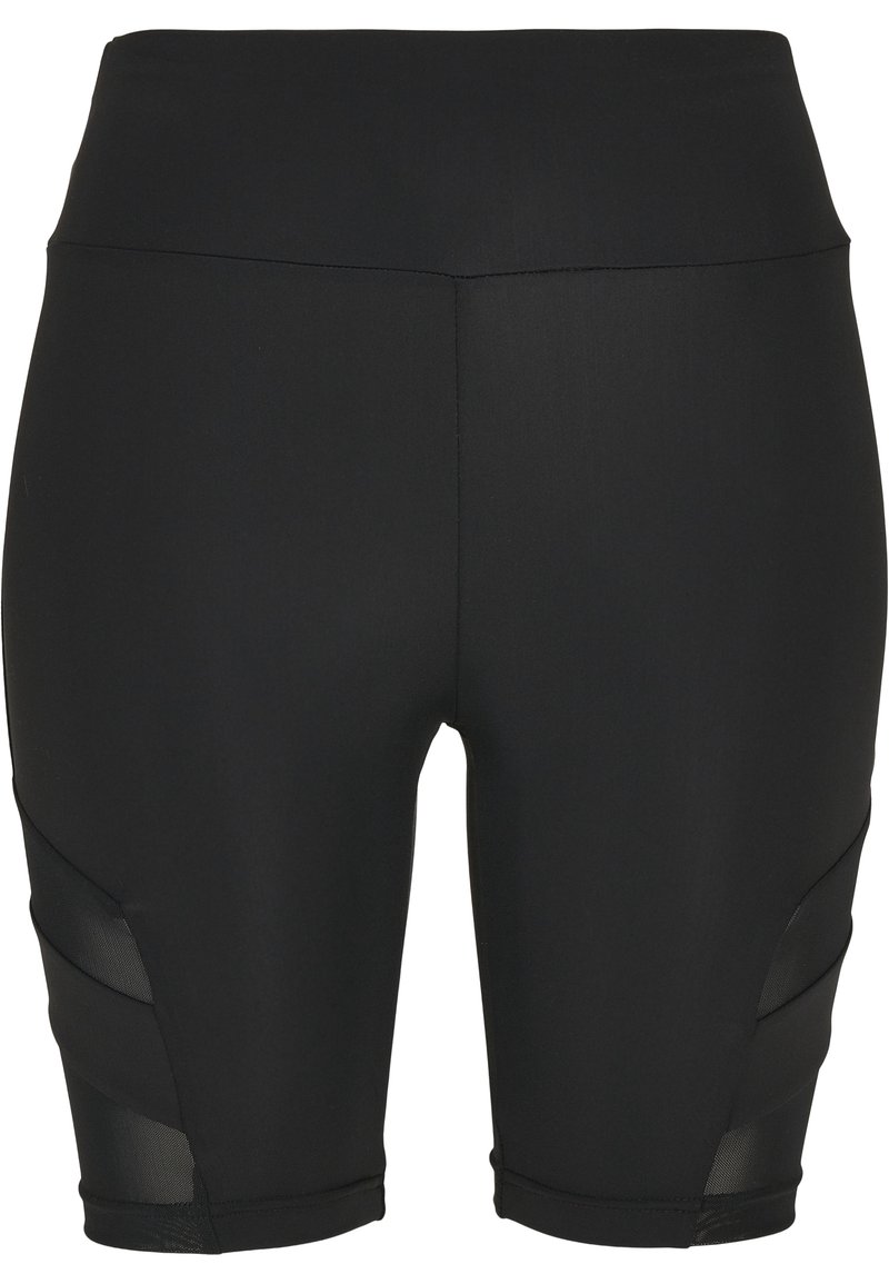 Shorts sportivi neri con un design aderente, realizzati in tessuto elastico. Presentano pannelli laterali in rete e un'alta vita.