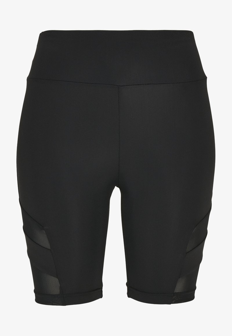Shorts sportivi neri con un design aderente, realizzati in tessuto elastico. Presentano pannelli laterali in rete e un'alta vita.