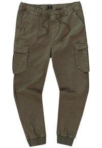 Cargo-Hosen in olivgrün, mit elastischem Bund und Kordelzug, seitlichen Taschen und schmal zulaufenden Bündchen. Aus leichtem Stoff gefertigt.