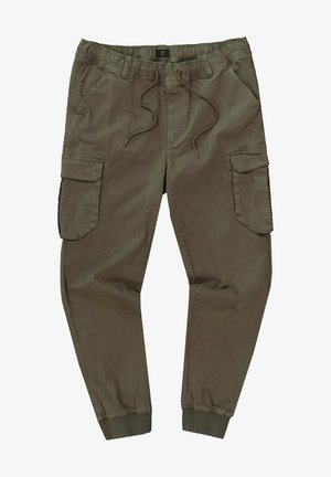 Cargo-Hosen in olivgrün, mit elastischem Bund und Kordelzug, seitlichen Taschen und schmal zulaufenden Bündchen. Aus leichtem Stoff gefertigt.