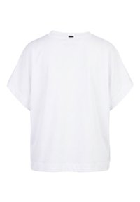 T-shirt blanc uni à manches courtes vu de dos avec une petite étiquette de marque noire au niveau de l'encolure.
