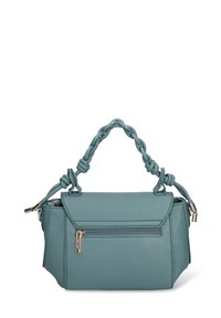 Borsa a mano in similpelle verde acqua con manico intrecciato, tasca frontale con cerniera e forma strutturata con chiusura a patta.